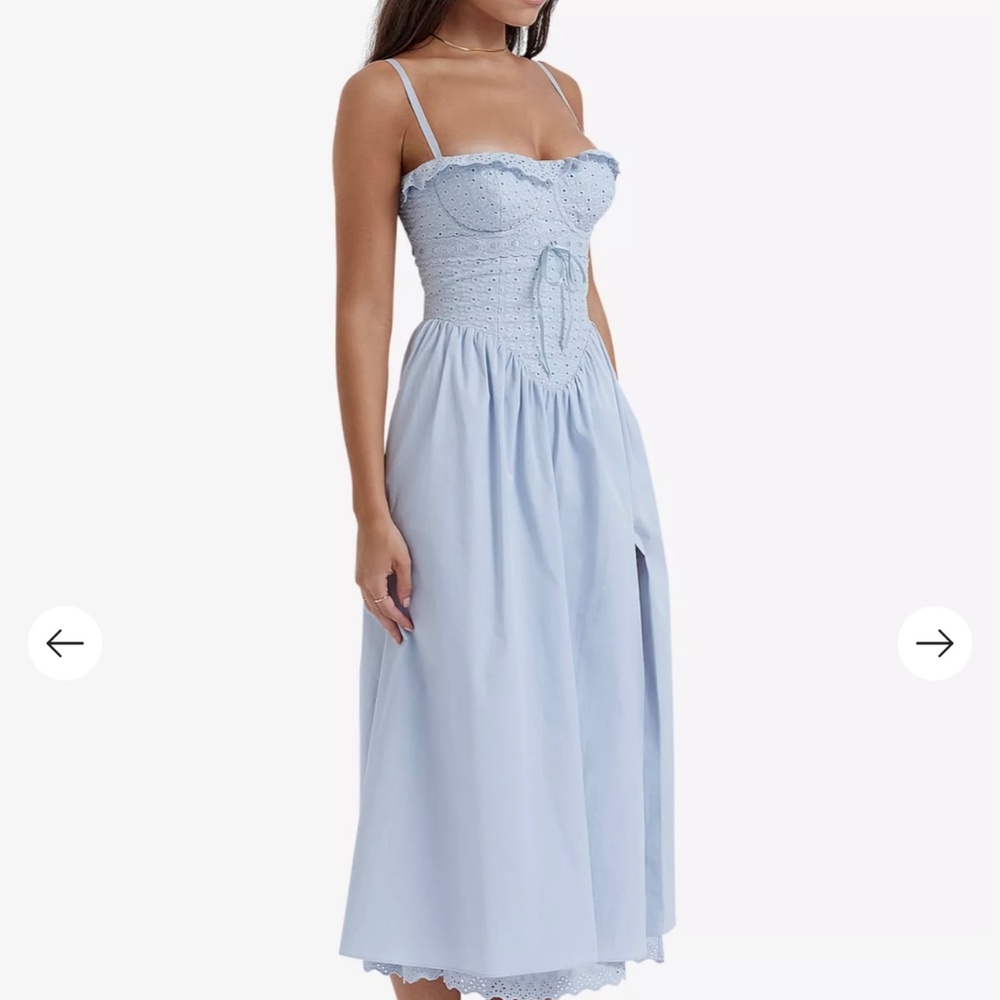 House of CB Jamie Small Plus Cup Light Blue Eyelet Midi Dress with Waist Tie - Picture 2 of 9
